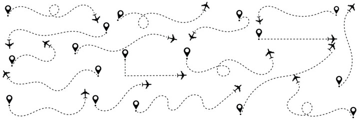 Path travel dotted line trip dashed trace destination track plan and silhouette, travelling symbol vector illustration .EPS 10 . 