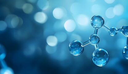 Molecule model on blue bokeh background represents science chemistry or medical research.
