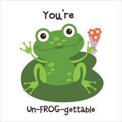 You are Un-FROG-gettable. Cute characters in flat style. Vector illustration. Greeting card template. White background