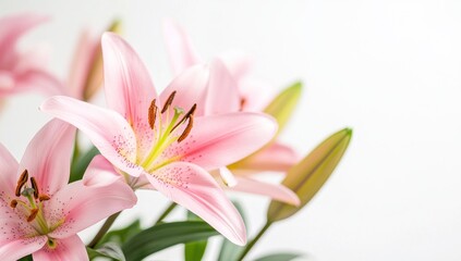 Fototapeta premium Close up photograph of several delicate pink lily flowers in bloom