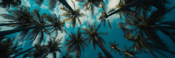 Worm’s-eye view of tall coconut palm trees against blue sky
