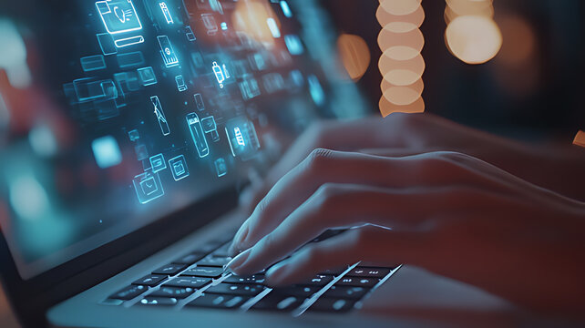 Hands typing on a laptop with holographic icons. Close-up of a person's hands typing on a laptop keyboard, with glowing, holographic app icons superimposed on the screen.