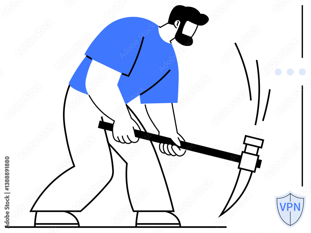 Poster man using a pickaxe in determined motion, visualizing labor, effort, perseverance, cybersecurity ris