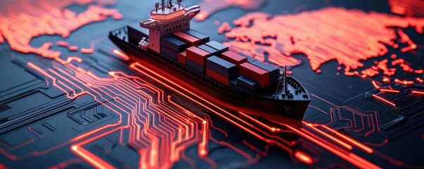 Obraz premium Cargo ship in digital world map for maritime logistic concept. A futuristic cargo ship navigating digital trade routes.