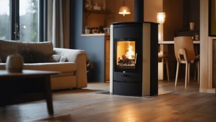 Fototapeta premium Modern Living Room with Cozy Wood Burning Stove and Bright Fire, Beige Sofa, Wooden Furniture, Blue Walls, Pendant Lights.