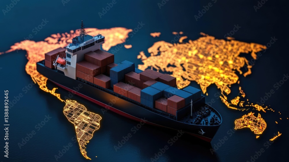 Poster cargo ship in digital world map for maritime logistic concept. a container ship navigating along a g