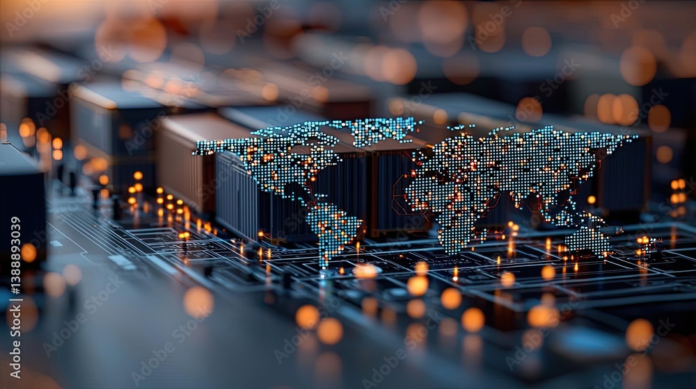 Poster cargo ship in global trade with digital world map concept. digital world map overlay on a circuit bo