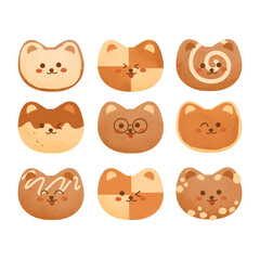 Cat shaped cookies illustration with various expression. Hand drawn cartoon watercolor style. Vector illustration perfect for sticker, card, social media