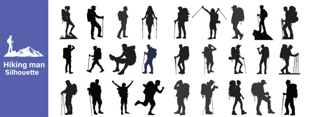 man hiking mountain with stick silhouette. Silhouette of hiker, Hiking Mountaineering, hiking