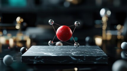 A red ball is suspended in the air above a black marble slab