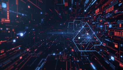 Obraz premium Futuristic digital interface with glowing red and blue data streams, abstract geometric shapes, and cyber technology elements