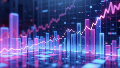 Naklejka premium Futuristic digital chart with glowing bar graphs and rising trend lines, representing financial growth and data analysis