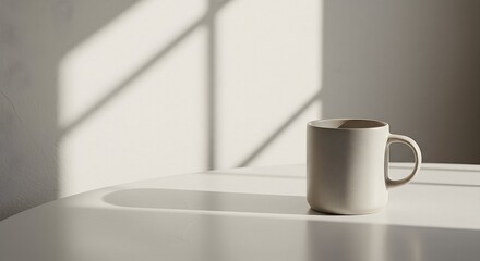 Neutral Mug Still Life on Table with Window Light Shadows