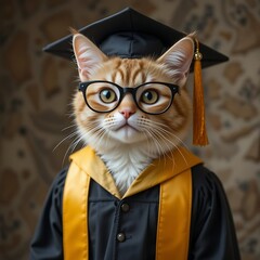 Cat Wearing Graduation Cap and Gown with Glasses Portrait