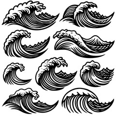 Fototapeta premium Sea Waves Sketch: Vintage Storm Wave & Ocean Tide Hand-Drawn Vector Set