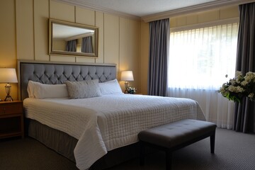 A well decorated bedroom with comfortable bed and window