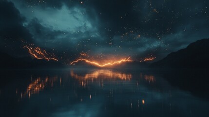 Naklejka premium Night lake fire reflection, mountains, stormy sky, fantasy artwork