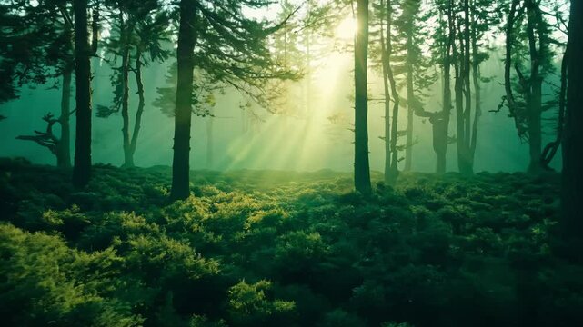 Tracking video to unveil rugged juniper trees dominating a tranquil forest setting, surrounded by vibrant greenery, backlit edges of the branches create a striking silhouette effect