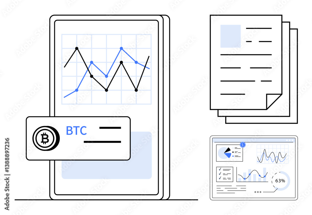 Aufkleber mobile screen displaying dynamic cryptocurrency graphs, financial data card with btc, document stack