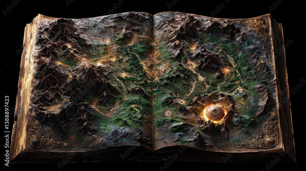 Poster a book is opened to a page with a map of a mountain range