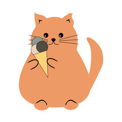 Nice cute funny fat cat with an ice cream isolated vector illustration on white background 