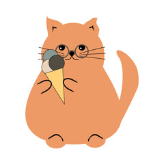 Nice cute funny fat cat with an ice cream isolated vector illustration on white background 