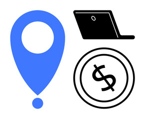 Blue location pin, black laptop, and dollar symbol coin emphasize remote work, online transactions, digital economy. Ideal for finance, e-commerce, mobility, work remote access strategy