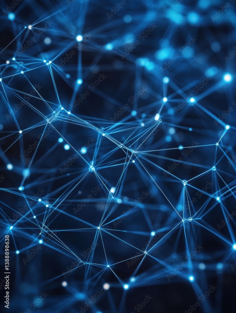 Poster Futuristic digital network of glowing nodes interconnected by thin lines in a deep blue and white cyber theme