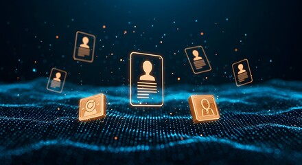 Digital Profiles Floating on Abstract Blue Background for Online Recruitment