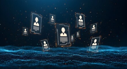 Reviewing Digital Profiles Floating Above a Futuristic Blue Data Stream