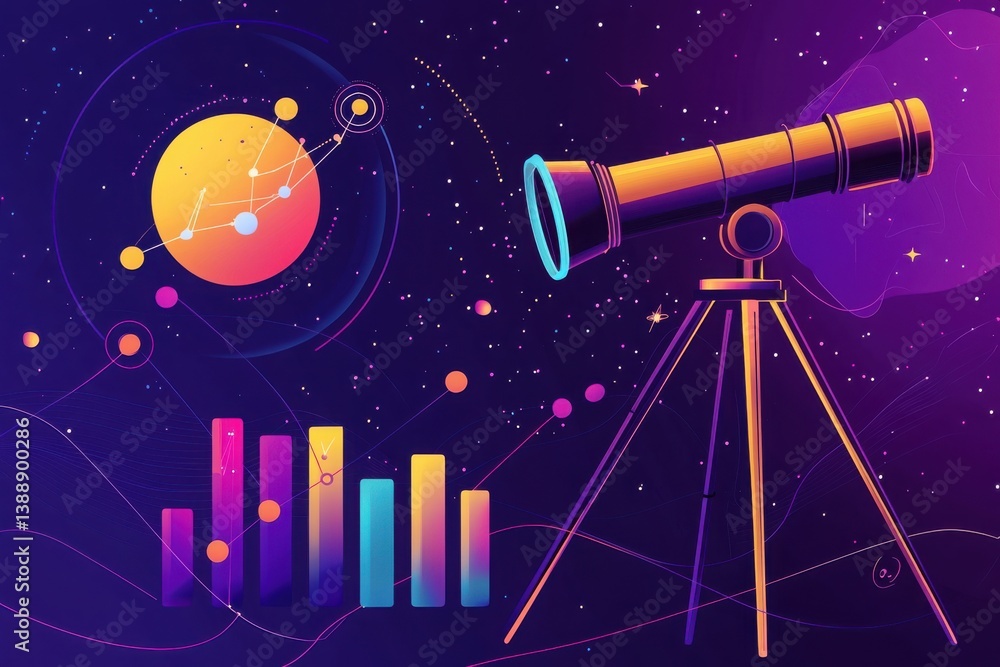 Poster exploring cosmic wonders telescope graph insights into stellar trends space graphics creative visual