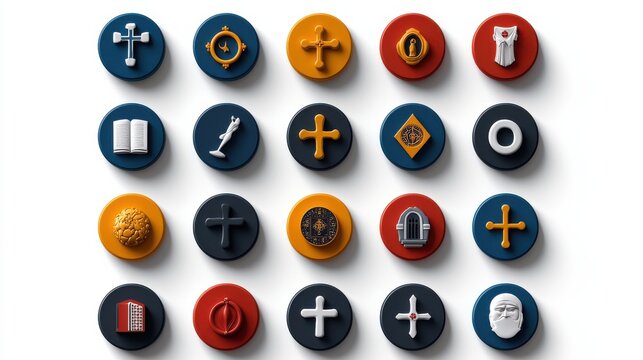 A collection of round icons with religious symbols and a cross