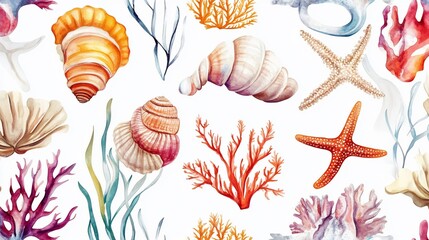 Obraz premium Watercolor Seashells, Starfish, and Coral Seamless Pattern