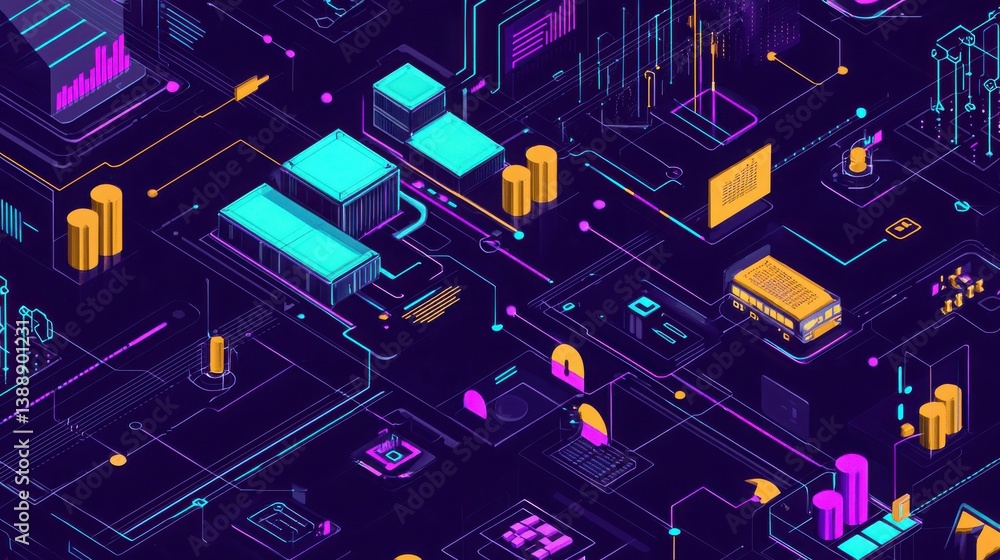 Poster futuristic supply chain analysis in neon-outlined graphics digital space infographic cyber environme
