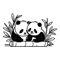 Two adorable pandas sitting on a bamboo log