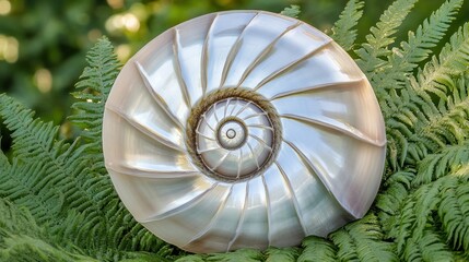 Obraz premium A pearlescent nautilus shell nestled among vibrant green fern fronds