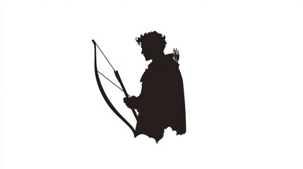 Fototapeta premium Silhouette of an archer with bow and arrow wearing cape in dark tones standing prepared to shoot on a white background in elegant illustration