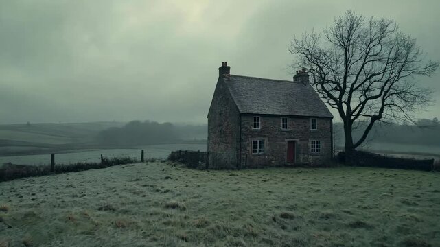 A solitary stone cottage stands quietly in a misty, frost-covered rural landscape, surrounded by rolling hills and a leafless tree, evoking a mood of solitude, nostalgia, and quiet beauty 