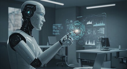 Robot Interacting with Holographic Display in Office Setting Showcasing Artificial Intelligence