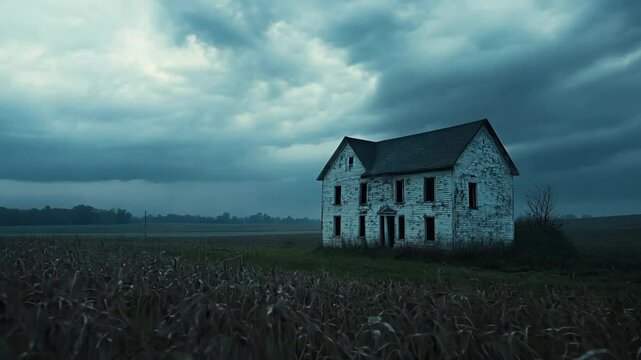 An eerie, weathered farmhouse stands alone in a desolate field beneath a dramatic, overcast sky. The moody lighting and dark atmosphere evoke a sense of mystery and abandonment