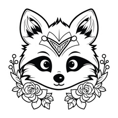 Cute Raccoon Head with Floral Decoration in Black and White