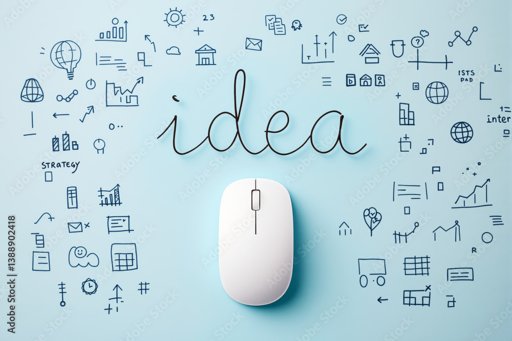 Poster white computer mouse on blue background forming the word 
