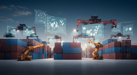 Automated Shipping Port with Robotic Cranes and Data Visualization Screens