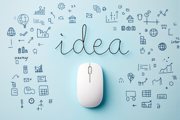 White computer mouse on blue background forming the word "idea" with cable, surrounded by hand-drawn business and strategy doodles.