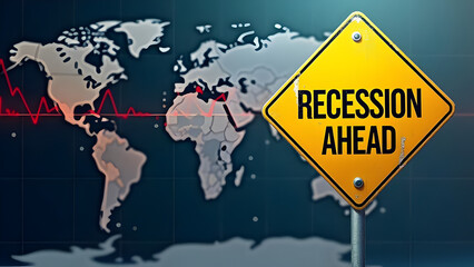 Obraz premium Global Recession Ahead warning sign with falling stock market chart and world map background representing international economic crisis, financial instability, and global business risk concept.