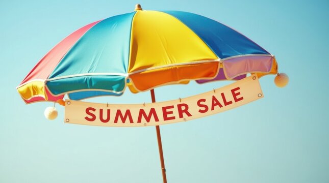 Vibrant beach umbrella displaying summer sale coastal resort advertising image sunny atmosphere eye-level perspective