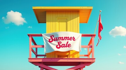 Lifeguard station summer sale beach banner display coastal environment bright viewpoint seasonal promotion