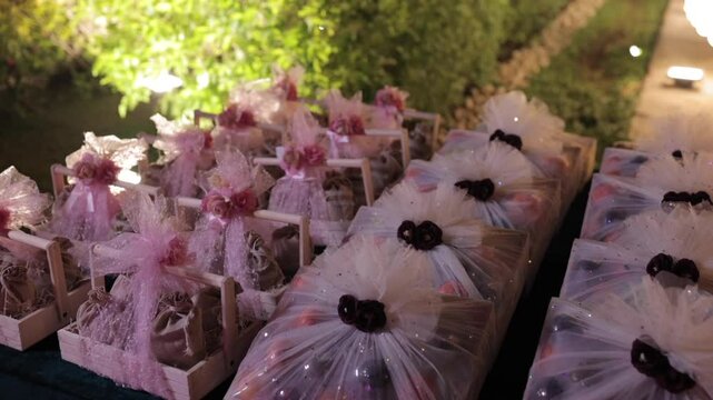 A Slow Motion Shot of Gifts and Hampers at an Indian Wedding Venue in India
