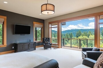 A luxury bedroom with an expansive view of forested mountains