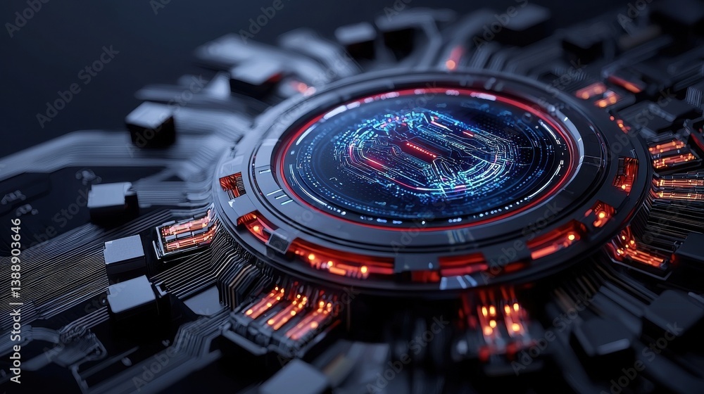 Aufkleber a computer chip with a red and blue circle in the middle